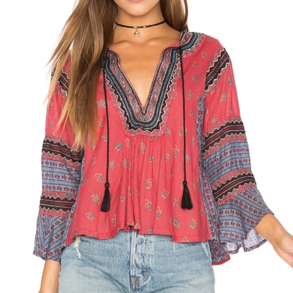 Free People But I Like It Embroidered Boho Peasant Top Sz XS